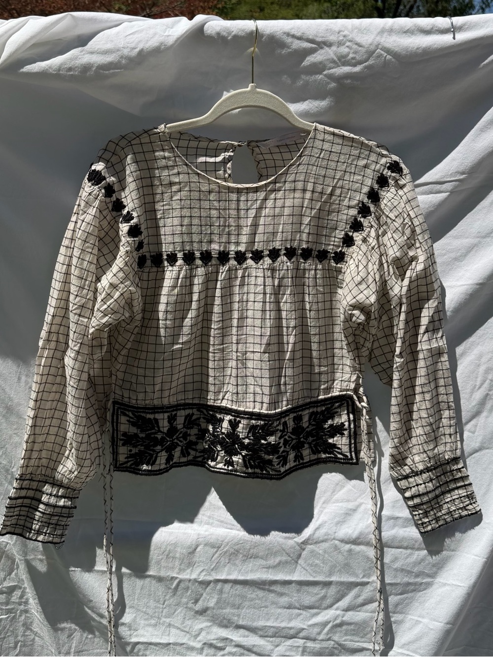 Zara Cream & Black Checked Peasant Top